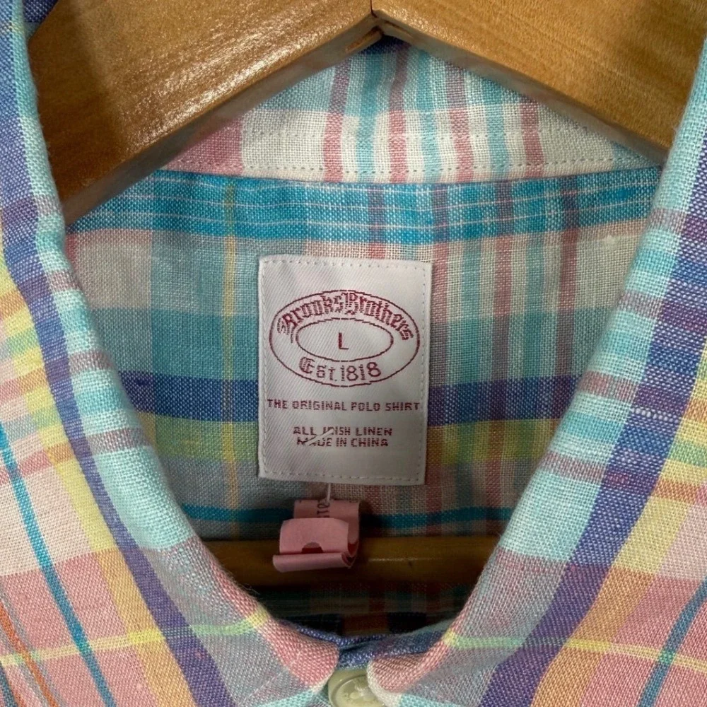 Brooks Brothers Men Large Button Down Shirt Pastel‎ Plaid Irish Linen Coastal